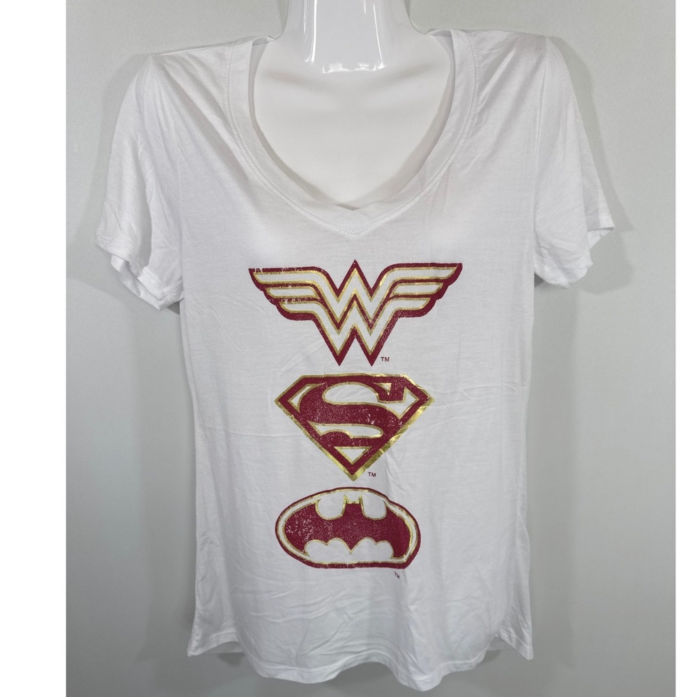 Justice League Womens White V-Neck Graphic Tee Wonder Woman Superman Batman S
